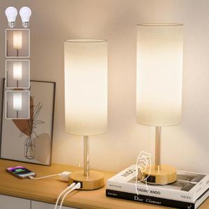 ONYXA 20 Bedside Lamps Set of 2 with AC Outlet, USB A & C Charging Ports, 3 Color Temperatures Table Lamps with Pull Chain Switch, Nightstand Lamp with E26 Bulbs for Bedroom, Office & Living Room