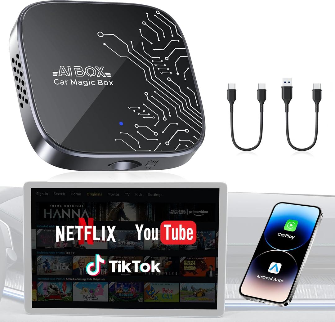 4-in-1 Wireless CarPlay Adapter for Streaming Netflix/YouTube/TikTok/TF Card, 2026 Magic Video AI Box & Android Auto Dongle [Dual Band WiFi, Autolink Pro] Plug & Play, Fits for OEM Wired Car Play Car (Black)