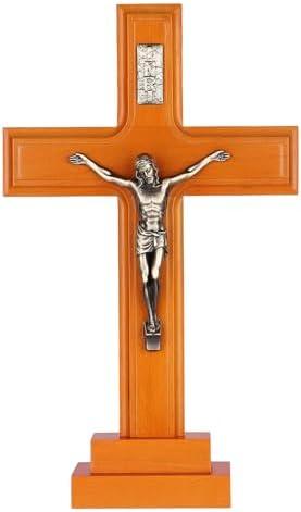 Pietism Crucifix Wall Cross, 12 Inch Handmade Wooden Jesus Christ Wall Crucifix with Stand for Christmas Gifts and Home Decor