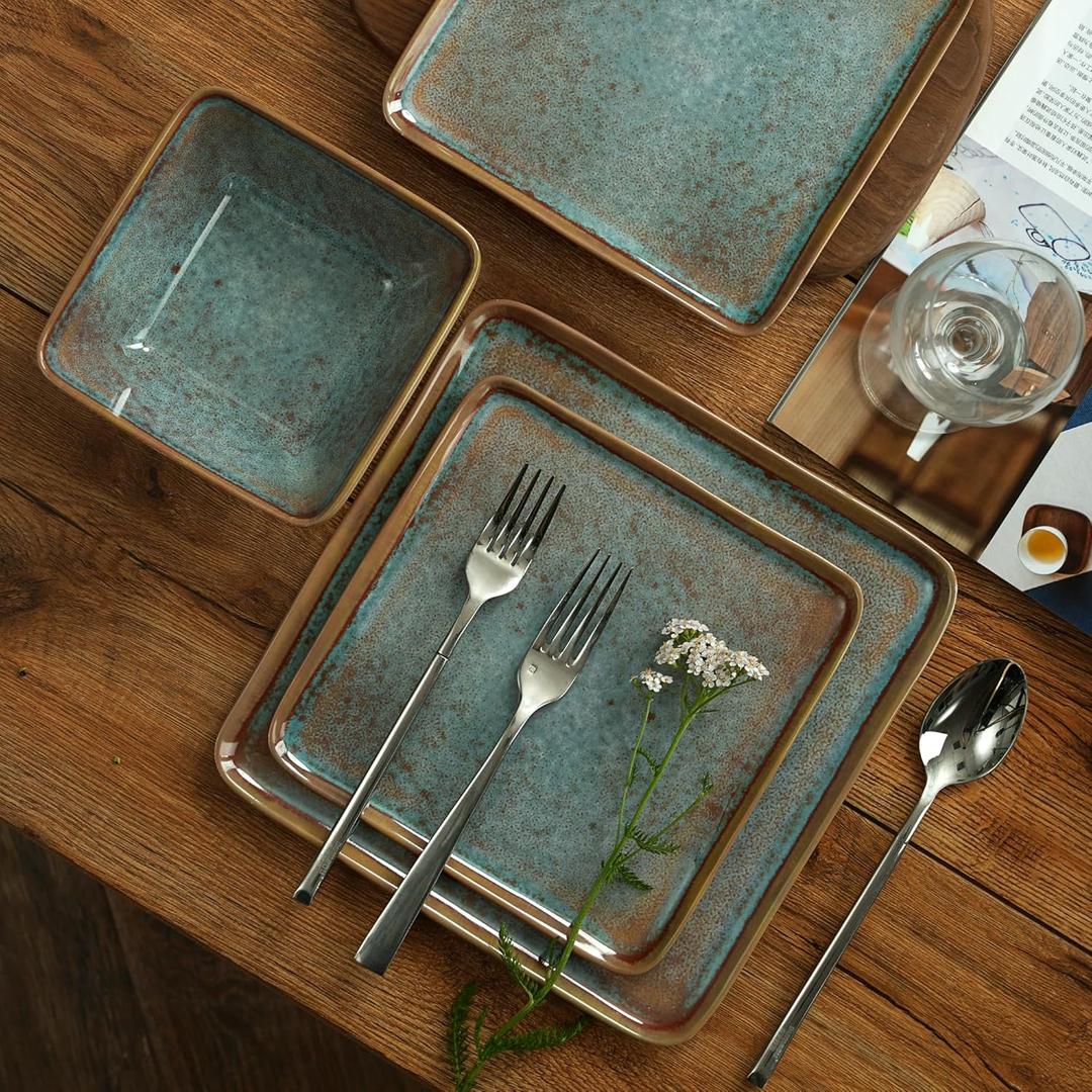 Square Melamine Dinnerware Sets of 12 Pcs,Square Plates and Bowls Sets,Unbreakable Dish Set for 4, Lightweight, Dishwasher Safe and BPA Free, Suit for RV, Camping