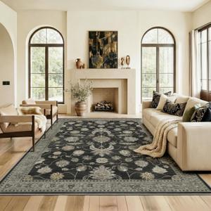 8x10 Area Rug for Living Room-Vintage Farmhouse Boho Floral Washable Stain Resistant Indoor Carpet for Bedroom Office and Home Decor(Black&Gold)