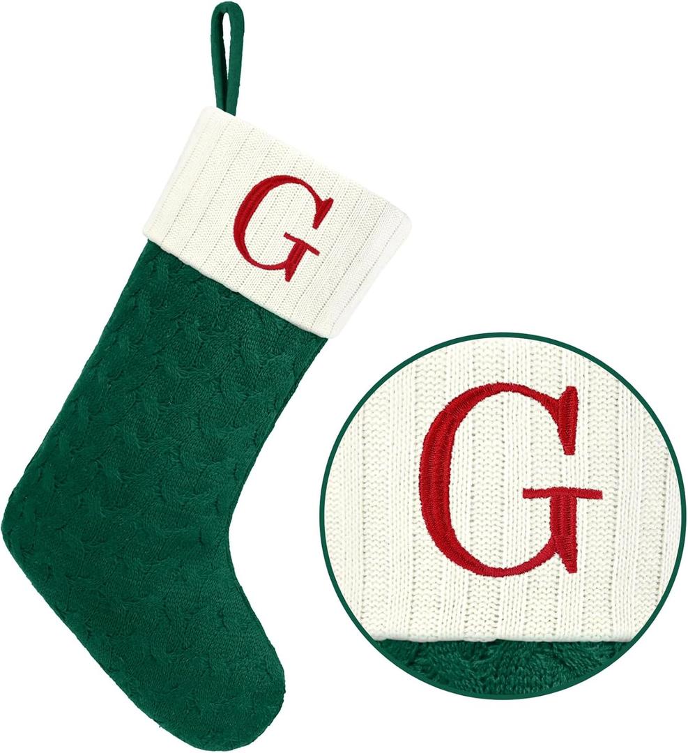 Christmas Stockings with Initials,20 Inches Large Knit Embroidered Letter Green White Christmas Stocking,Monogram Christmas Stocking for Famliy Holiday and Xmas Tree Fireplace (Letter G)