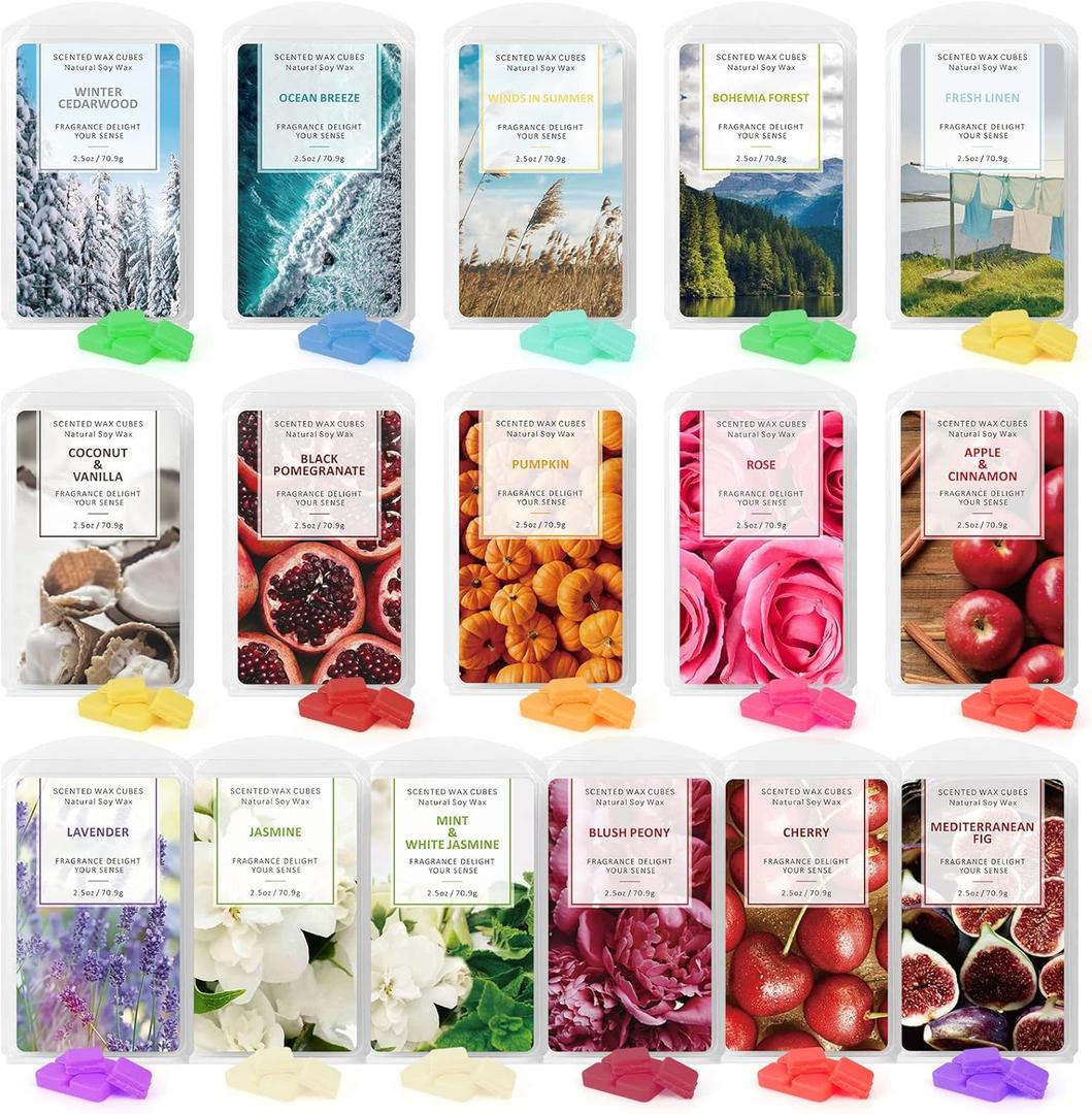STRN Scented Wax Melts Wax Cubes, Long Lasting Scent Soy Wax Cubes for Warmer Wax Melts Candle Making Gift Set for Fall and Winter 16 Pack (16x2.5oz) (Flowers&Fruit-16)