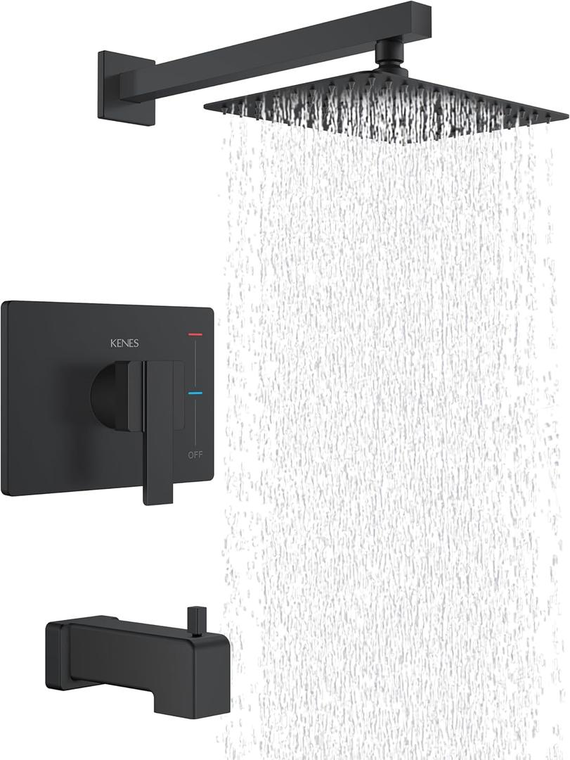 KENES Matte Black Tub Shower Faucet Set Complete with 10-Inch Rainfall Shower Head and Tub Spout, Square Tub and Shower Trim Kit, KE-6024A-2 (Shower Valve Included)