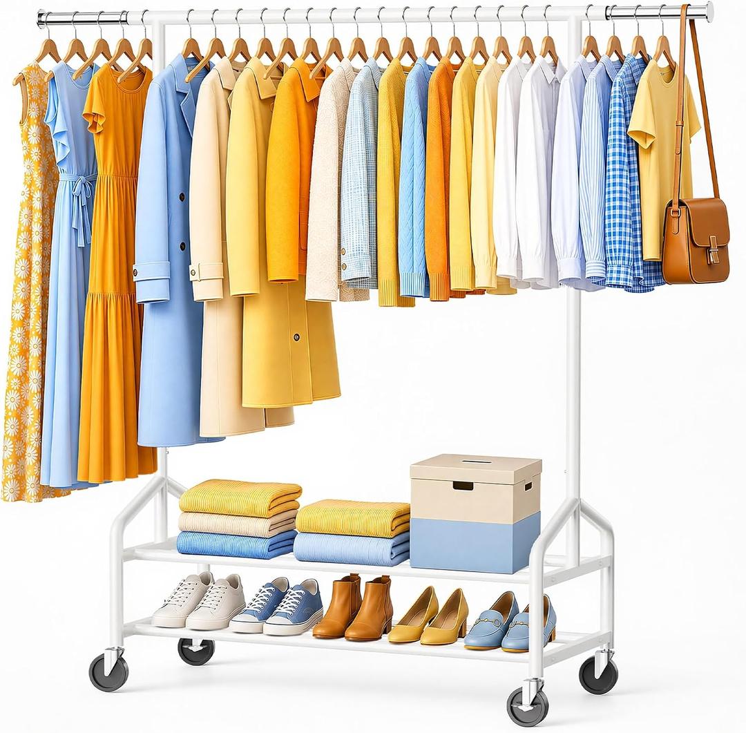 Heavy Duty Clothes Rack, Rolling Clothing Rack Load 650 LBS for Hanging Clothes with 2 Sturdy Shelves, Metal Garment Rack with Wheels for Bedroom, Laundry Room, Retail Store, White