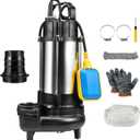 Sewage Grinder Pump, 1HP Submersible Sump Pump, 110V 6400GPH | Stainless Steel Effluent Pumps with Automatic Float Switch, 2'' NPT Discharge for Basement, Sump Basin, Sewage Well