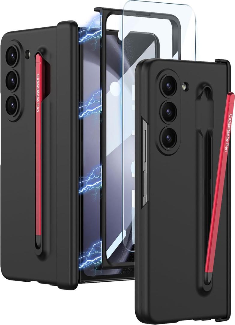 Case for Samsung Galaxy Z Fold 5 with S Pen Holder & S Pen,Luxury Case with Magnetic Hinge Protection and Front Screen Protector,Hard PC Shockproof Protective Cover for Samsung Z Fold 5 (Black+Red Pen)