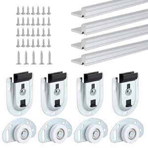 LASHOW Sliding Closet Door Hardware Kit with 48 inch Long Track– 4 Pack Bottom Rollers & 4 Pack Top Brackets, Ball Bearing Wheels, Smooth Glide for Closet & Wardrobe Doors, Easy Installation.