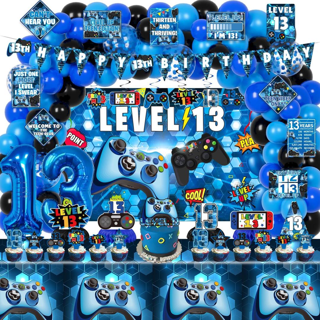KOTLMIGHT 13th Birthday Decorations for Boys, 150Pcs Blue Video Game level 13 Party Supplies for Boy 13th Birthday - Backdrop, Banner, Balloons, Tablecloth, Centerpieces, Hanging Swirls, Wall Signs