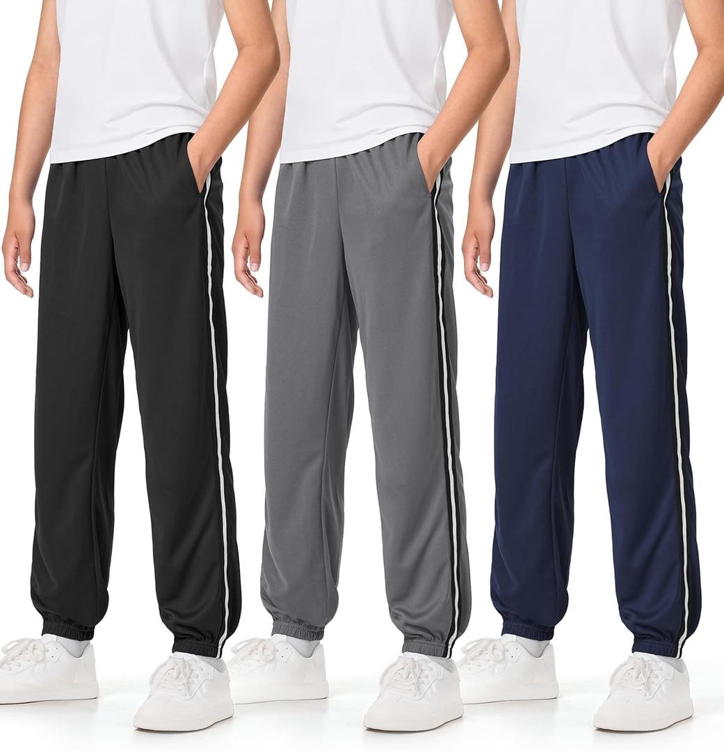 Auranso Boys Sweatpants 3 Pack Mesh Quick Dry Athletic Pants Lightweight Kids Joggers with Pockets (11-12 Years, Black-dark Grey-navy)
