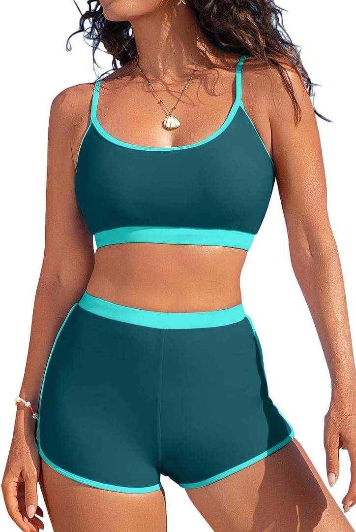 Herseas High Waisted Bikini Sets for Women - 2 Piece Tummy Control Swimsuits Modest Bathing Suit Shorts Swim Suits 2026 (X-Small, Peacock Green)