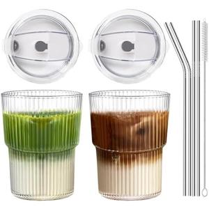 Iced Coffee Cups with Lids and Straws Set of 2, 16 Oz Unbreakable Plastic Drinking Glasses Reusable Iced Coffee Glass to Go Cup for Iced Tea, Juice, Water, BPA Free, Dishwasher Safe