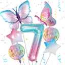 Butterfly Balloons 7th Birthday Decorations for Girls, Gradient Pink Colorful Foil Balloon, Giant Number 7 Foil Mylar Balloon, 7 Years Old Butterfly Theme Birthday Party Supplies Decor