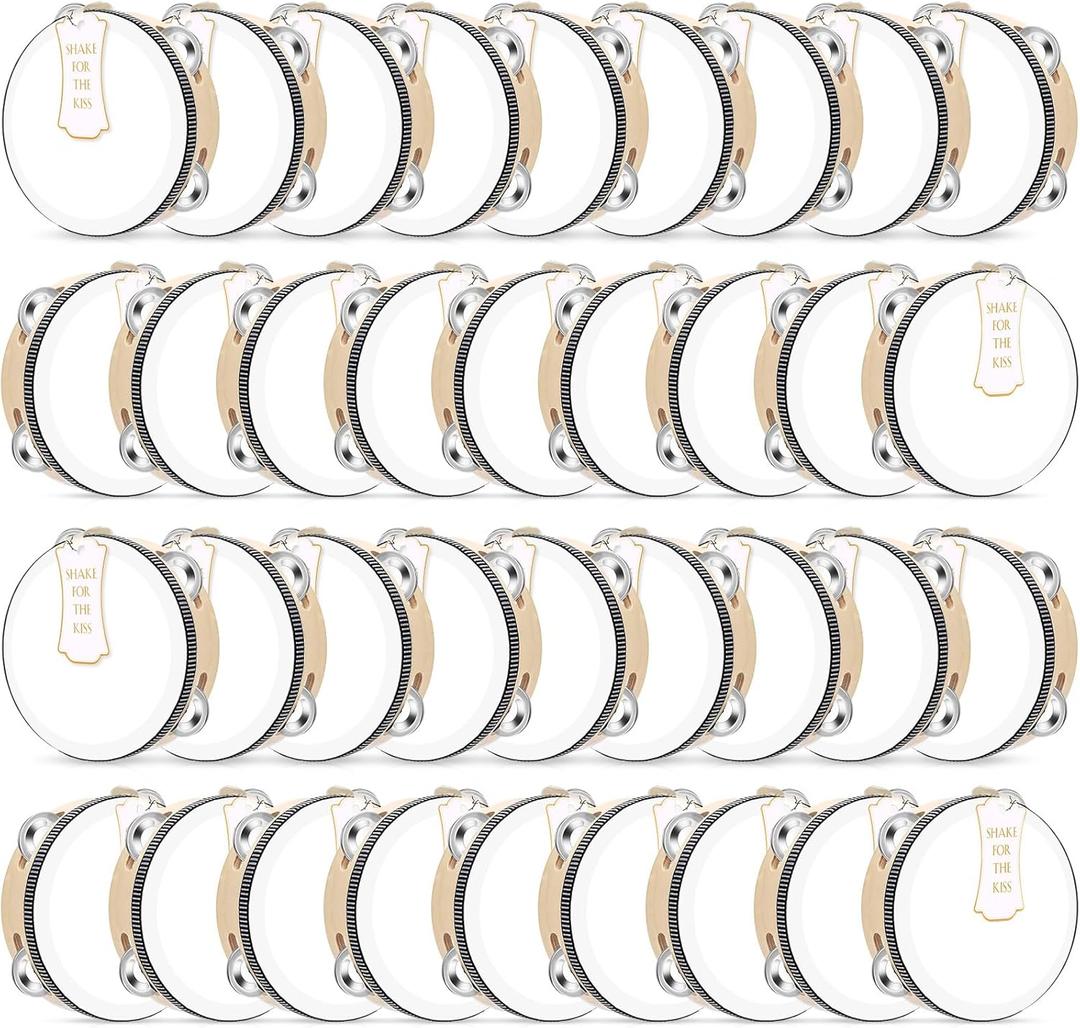 36 Set 6 Inch Wedding Tambourines Bulk for Adults Wooden Hand Held Drum with Metal Jingles, Gift Tags, White Tambourine Gift Musical Instrument for Church Wedding Party Favor