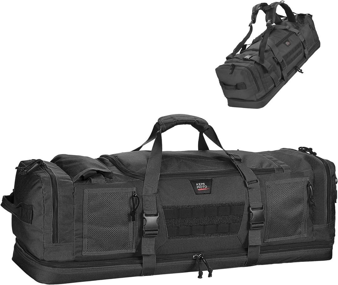 KEMIMOTO Hunting Duffle Bag, 78L large Capacity Travel Gear Bags Tool Range Cases for Long Distance Trips Hiking Hunting Fishing Camping, Multi Pocket Design, Brown Backpackable (Black)