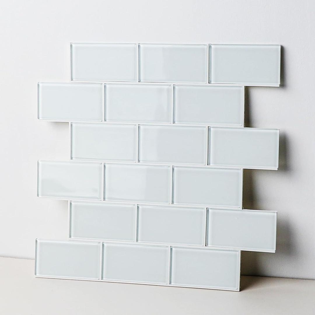 Peel and Stick Glass Tile, Off-White Subway Tile Peel and Stick Backsplash Glass Tiles for Kitchen Bathroom Wall (5 Sheets, 4.23 SQ.FT.)