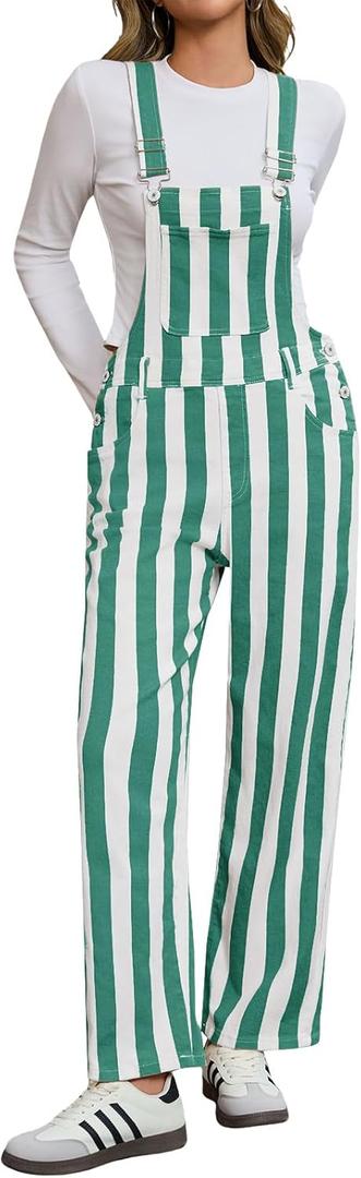 Cicy Bell Womens Casual Striped Bib Overalls Adjustable Straps Straight Leg Jumpsuits Denim Jean Long Rompers Pants (Small, Green)