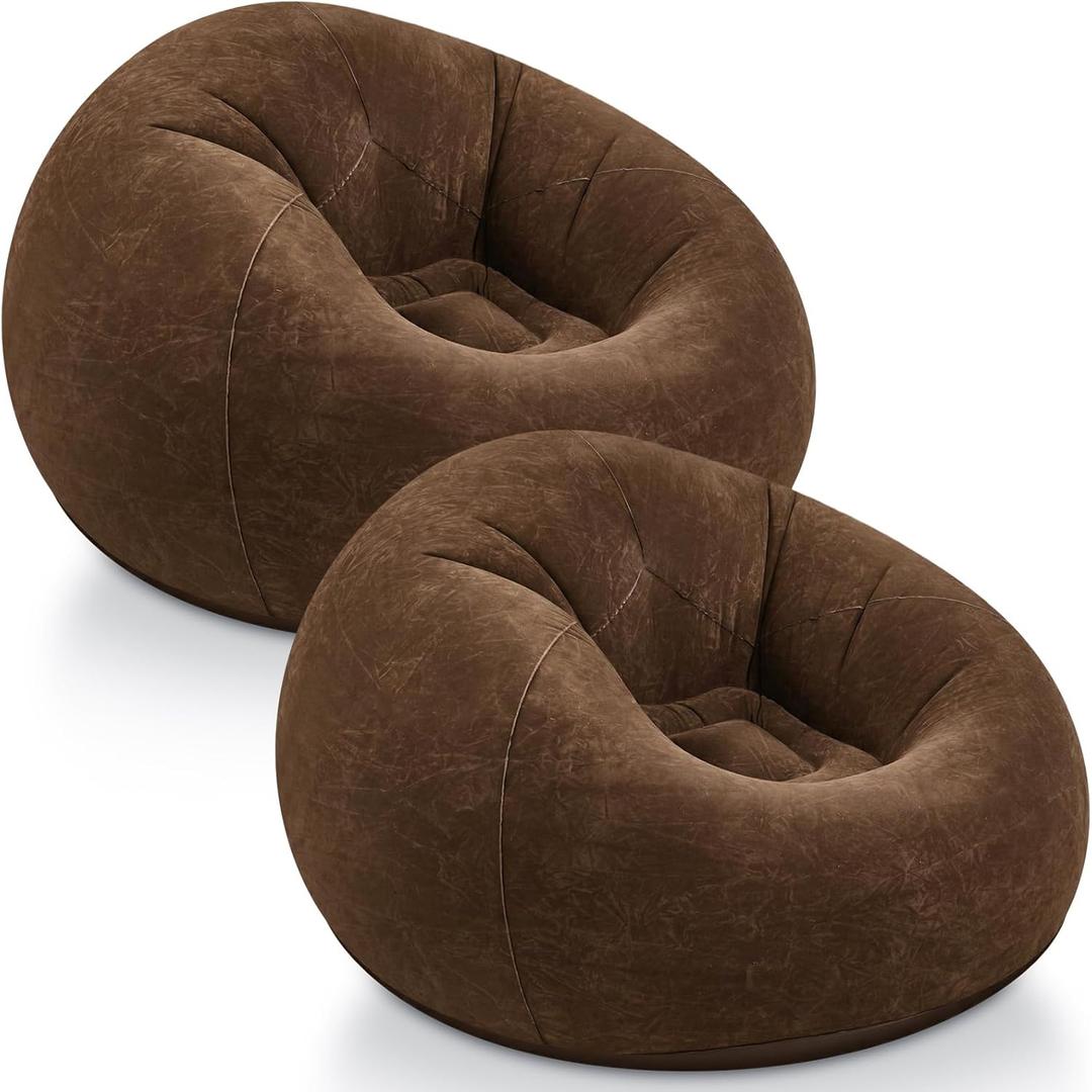 Realspring Inflatable Bean Bag Chairs Outdoor Blow up Camping Chairs Inflatable Lazy Sofa Folding Portable Bean Bag Loungers Couch for Movie Night(Dark Coffee,2 Pcs)