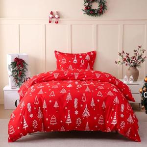 JSD Red Christmas Tree Kids Duvet Cover Set Twin Size, 2 Piece Xmas Comforter Cover with Pillow Sham Zipper Closure, Comforter Not Included