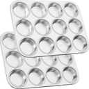 12-Cup Stainless Steel Muffin Pan, Cupcake Pan Metal Muffin Baking Tins for Oven & Dishwasher Safe, Cupcake Pans for Baking Non-toxic & Easy Clean Set of 2