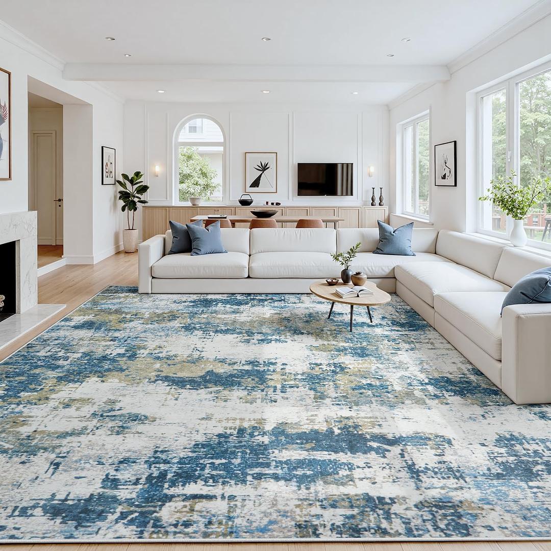 Area Rug 9x12 Living Room Rug Washable: No-Slip Abstract Soft Thin Large Blue Rugs, Indoor Floor Stain Resistant Modern Carpet for Bedroom Dining Room Farmhouse Nursery Home Office (Blue, 9'x12')