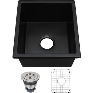 Black Bar Sink Undermount,15 X 17 inch Small Composite Bar Sink,Granite Kitchen & Bar Sinks (Black, 15" X 17")