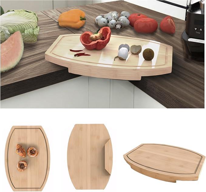 Kitchen Counter Bamboo Wood Corner Cutting Board, Space Saving Countertop Chopping Board with Juice Groove, 15.74"L x 11.02"W x 1.37"Th