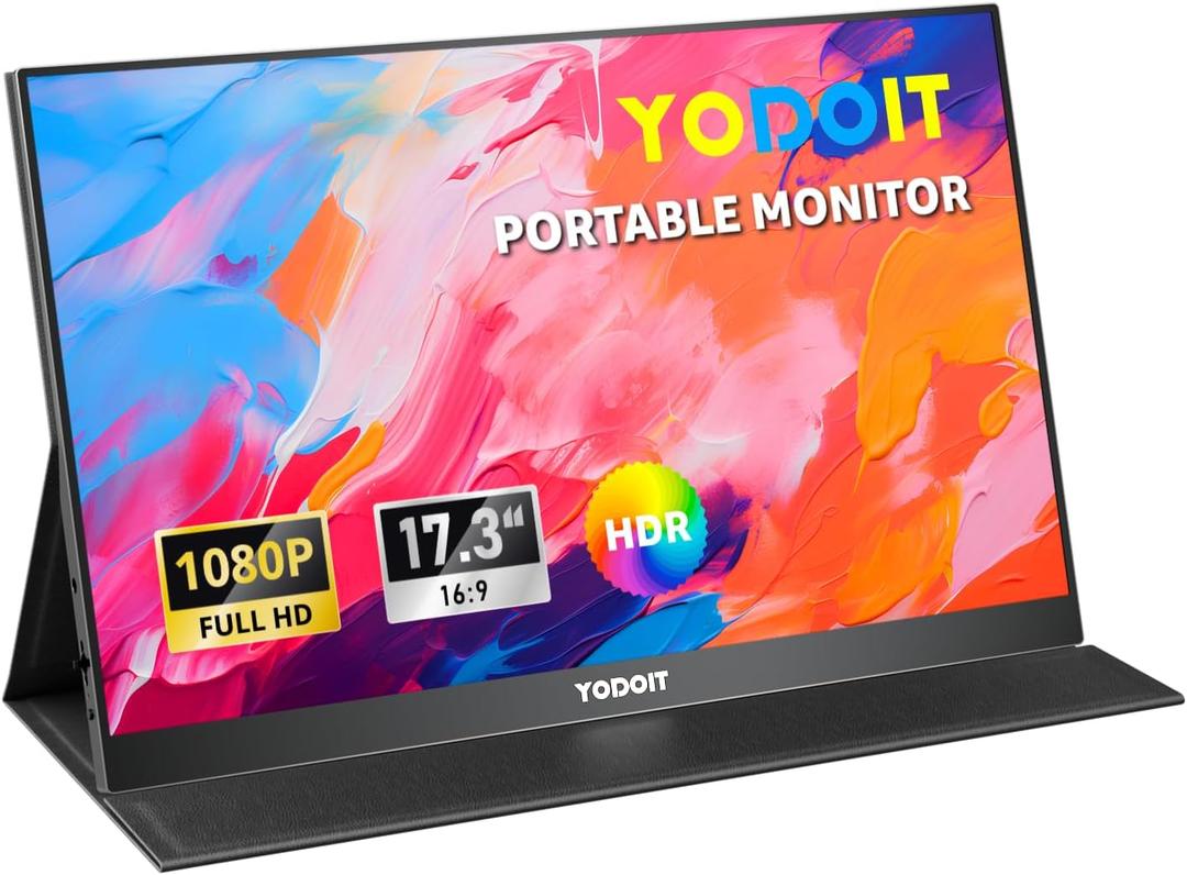 Yodoit Portable Monitor for Laptop 1920×1080 17.3" FHD Screen IPS Display with USB Type C Port, Built-in Speakers and Smart Cover Compatible with PC, MacBook, Xbox (Black)
