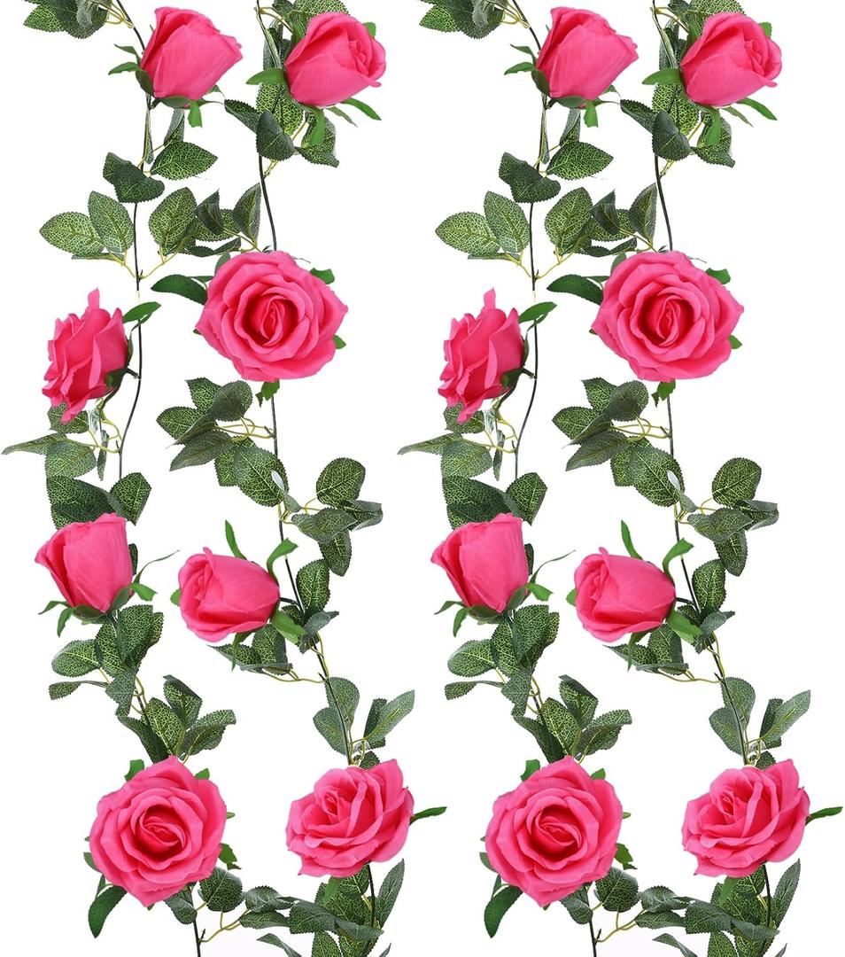 Felice Arts 2 Pack Hot Pink Artificial Floral Garland Each 6.5FT Fake Rose Vine Hanging Spring Garland for Wedding Party Background Table Arrangement Room Teepee Mirror Decor
