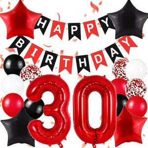 Happy 30th Birthday Decorations For Her Him, Black And Red Happy Birthday Banner, Red 30 Balloon Numbers 40 Inch, 30th Birthday Balloons For Birthday Decorations