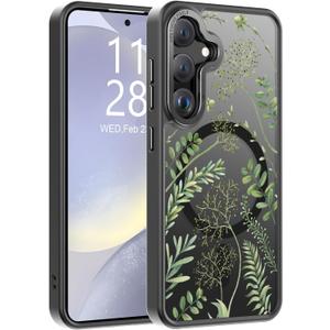 Goodon for Galaxy S25 Case, Wireless Charging Compatible, Shockproof Translucent Matte Cover - Cute Floral Design Phone Case for Women Girls - Green Leaves