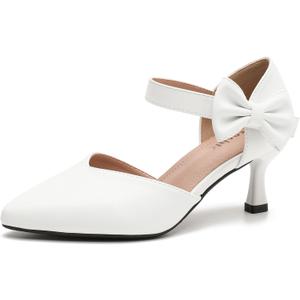fereshte Women's Pointed Toe Bow Ankle Strap Kitten Heel Pumps, D'Orsay Style Dress Shoes (White), 46
