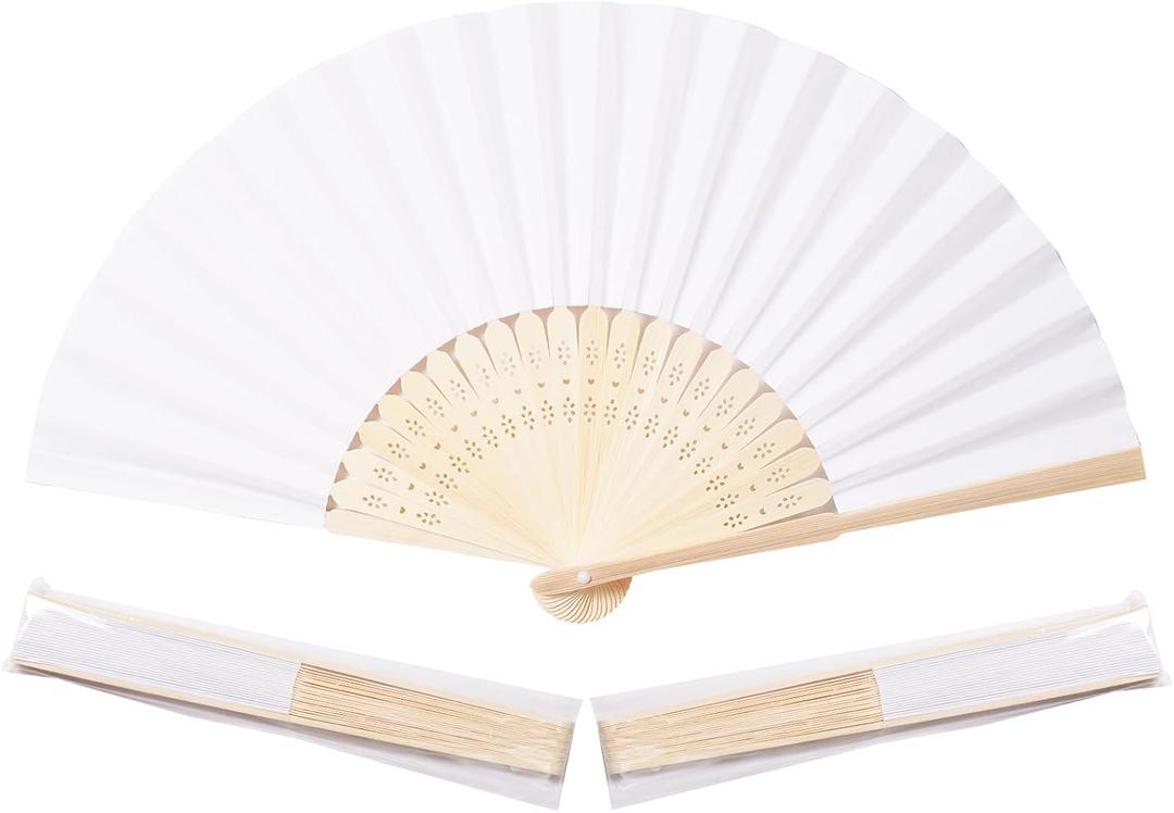 50pcs White Paper Hand Fan Bamboo Folding,Handheld Paper Folded for Wedding Party and Home Decoration