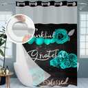 No Hook Shower Curtain with Snap in Liner, Green Rose Flower Thankful Grateful Blessed Bathroom Curtain with Double Layers Waterproof Fabric and Mesh Top Window, Romantic Showy Floral Home Bath Decor
