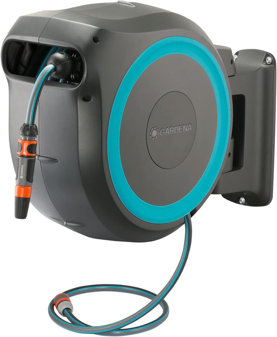 GARDENA (18630) Retractable Garden Hose Reel 115' x 1/2" Wall Mounted, Automatic Retraction & Length Lock for Easy Watering. Heavy Duty Swivel Bracket 180, Includes Nozzle. Made in Europe