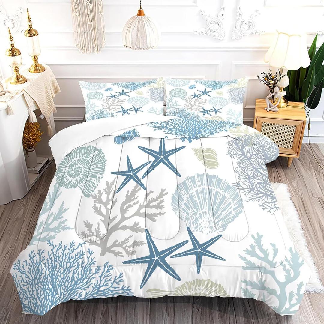 Coastal Bedding Set Queen: Nautical Comforter for Kids Teens Men Women, Sea Shell Starfish Marine Bedroom Decor 1 Comforter 2 Pillowcases