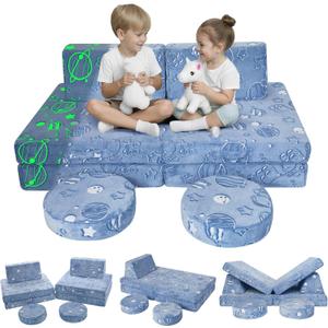 MeMoreCool Modular Glow Sofa for Kids  8-Piece Foam Play Couch Set, Space-Themed Celestial Patterns | Convertible Play Fort & Bed | Glows in The Dark