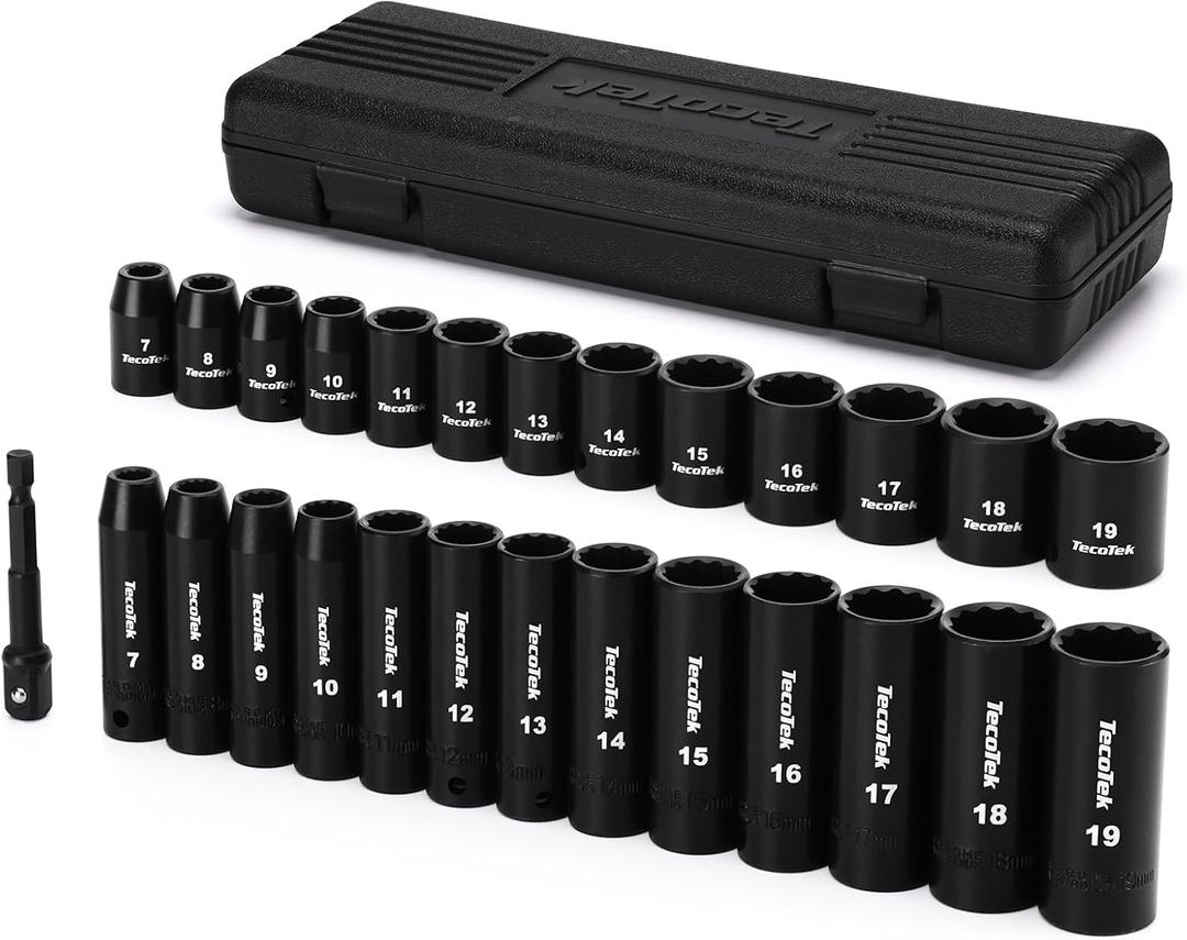 TecoTek 27 Pieces 3/8-Inch Drive 12-Point Metric Impact Socket Set, CR-V, 7mm to 19mm, Standard and Deep, 1/4"-3/8" Drill Adapter