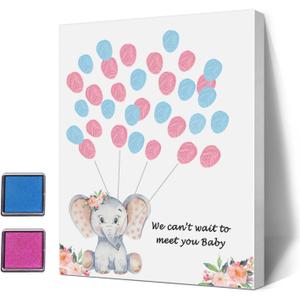 Baby Shower Guest Book Fingerprint Tree Canvas, a Baby Shower Guest Book, Finger Print Guest Book, Gender Reveal Decoration Elephant Theme (002)