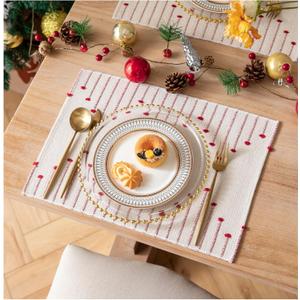 Christmas Placemats Set of 6 for Dining Table Dcor, Woven Cloth Red Place Mats for Farmhouse Kitchen Tabletop, Handcrafted Machine Washable Cotton Table mats 13 x 19 Inch