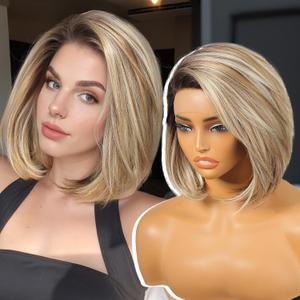 Ash Blonde Synthetic Lace Front Wig,Side Part Short Straight Glueless Bob Wig for White Women Daily Use 12IN (#TT891A)