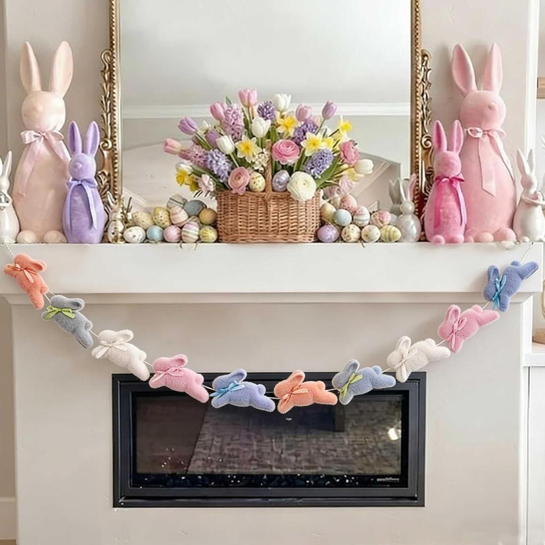 Suncalla 8.2ft Pastel Flocked Easter Bunny Garland 4.7" Cute Bunnies with Bows Banner, Spring Farmhouse Decor, Hanging Decoration for Mantel, Fireplace, Wall Indoor Home Office Easter Party Supplies