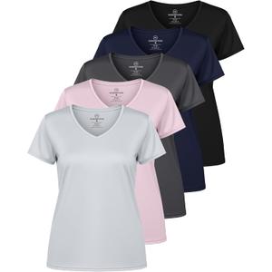 Real Essentials 5 Pack: Women's Dry-Fit Short Sleeve V Neck T Shirt Workout Fitness Yoga Top Tee (Medium)
