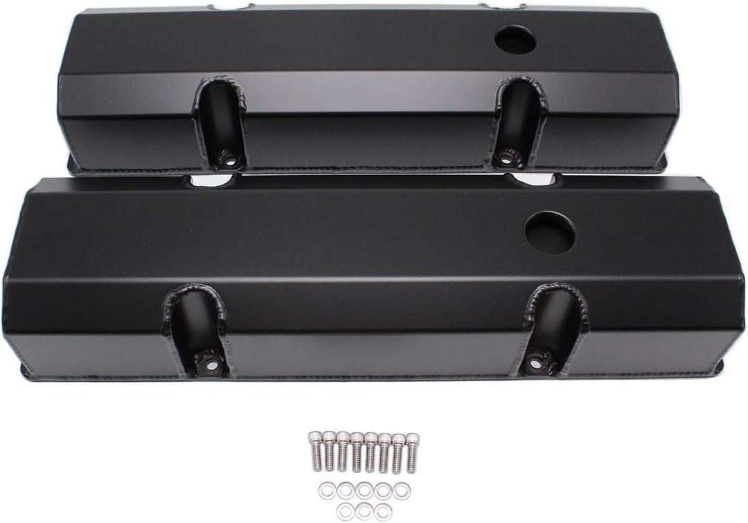 1 Set SHLPDFM Black Fabricated Aluminum Tall Valve Covers with 1.250" Breather Holes Fits for Small Block Chevy SBC 283 305 327 350 383 400 V8 Engines 1958-86