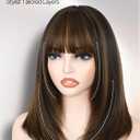 FANCEE Highlight Layered Wigs with Bangs 14 Inch Short Mixed Brown Glueless Ready-to-Go Straight Synthetic Bob Wigs for Women Realistic Scalp Daily Cosplay Use