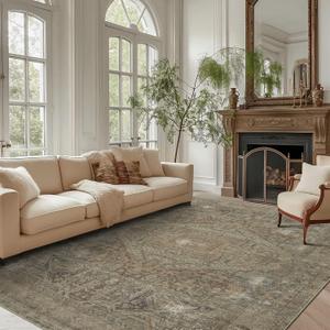 vivorug 8x10 Area Rugs for Living Room, Non-Slip Backing Washable Rug 8x10, Large Area Rug Soft Carpet for Bedroom Dining Room, Vintage, Easy Clean, Durable, Low Pile Rug Under Table, Olive