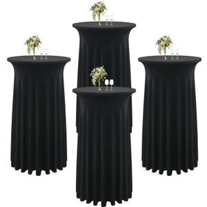 4 Pack Black Round Spandex Cocktail Table Skirt | 24"x43" Stain & Wrinkle Resistant for Wedding, Party & Banquet