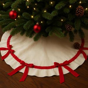 Syhood Christmas Tree Skirt 30" Scallop Velvet Tree Skirt with Bow Small Christmas Decoration for Xmas Holiday Indoor Outdoor Seasonal Home Decors(Red Bow)
