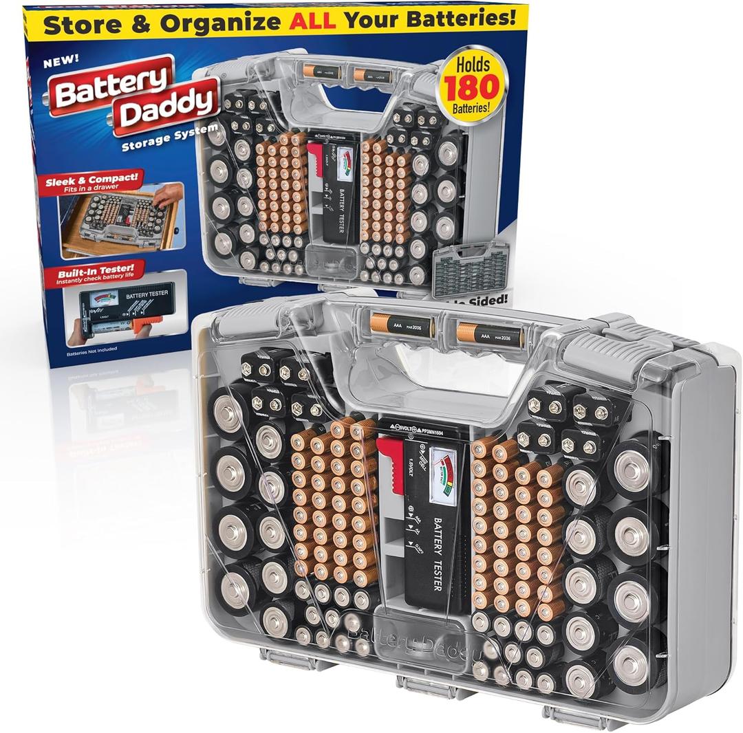 Battery Daddy Storage & Organizer Case w/Tester, Stores & Protects Up to 180 Batteries, Double-Sided, Clear Locking Lid, Secure Latches & Portable Carrying Handle- Warm Grey (Batteries Not Included)