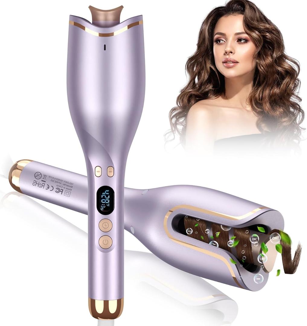 Automatic Curling Iron, Automatic Hair Curler with 1" Curling Iron Large Slot, 4 Temperature & 8 Timer, Dual Voltage Anti-Tangle Rotating Curlers Iron, Hair Curler Wand with Auto Shut-Off for Curls (Purple)